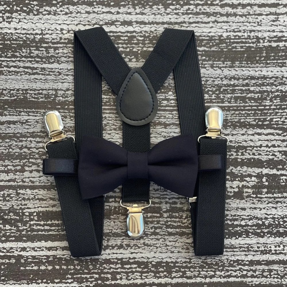 4 SET Black bow tie and Black suspenders for Mens wedding accessories